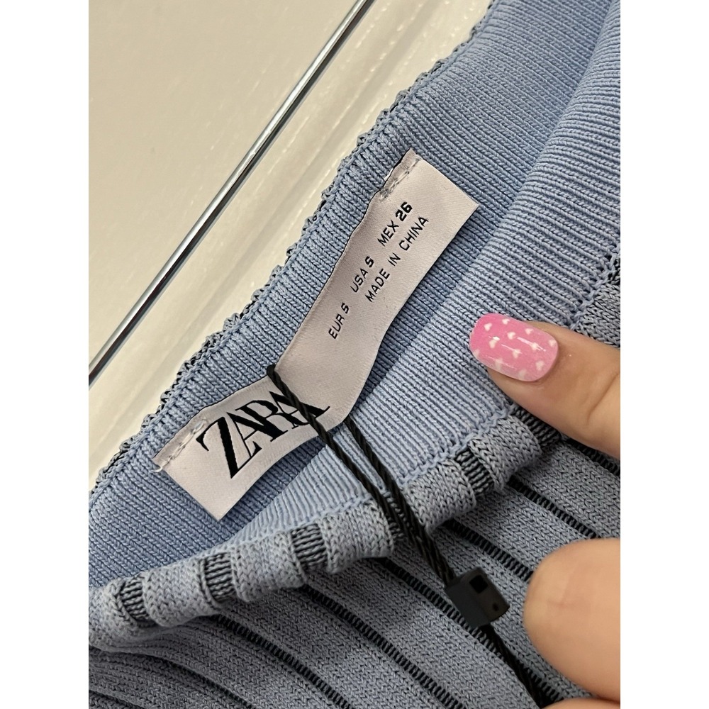 ZARA Ribbed Knit Tube Midi Dress Blue Strapless Bodycon Minimalist Fitted Chic S - Picture 4 of 8